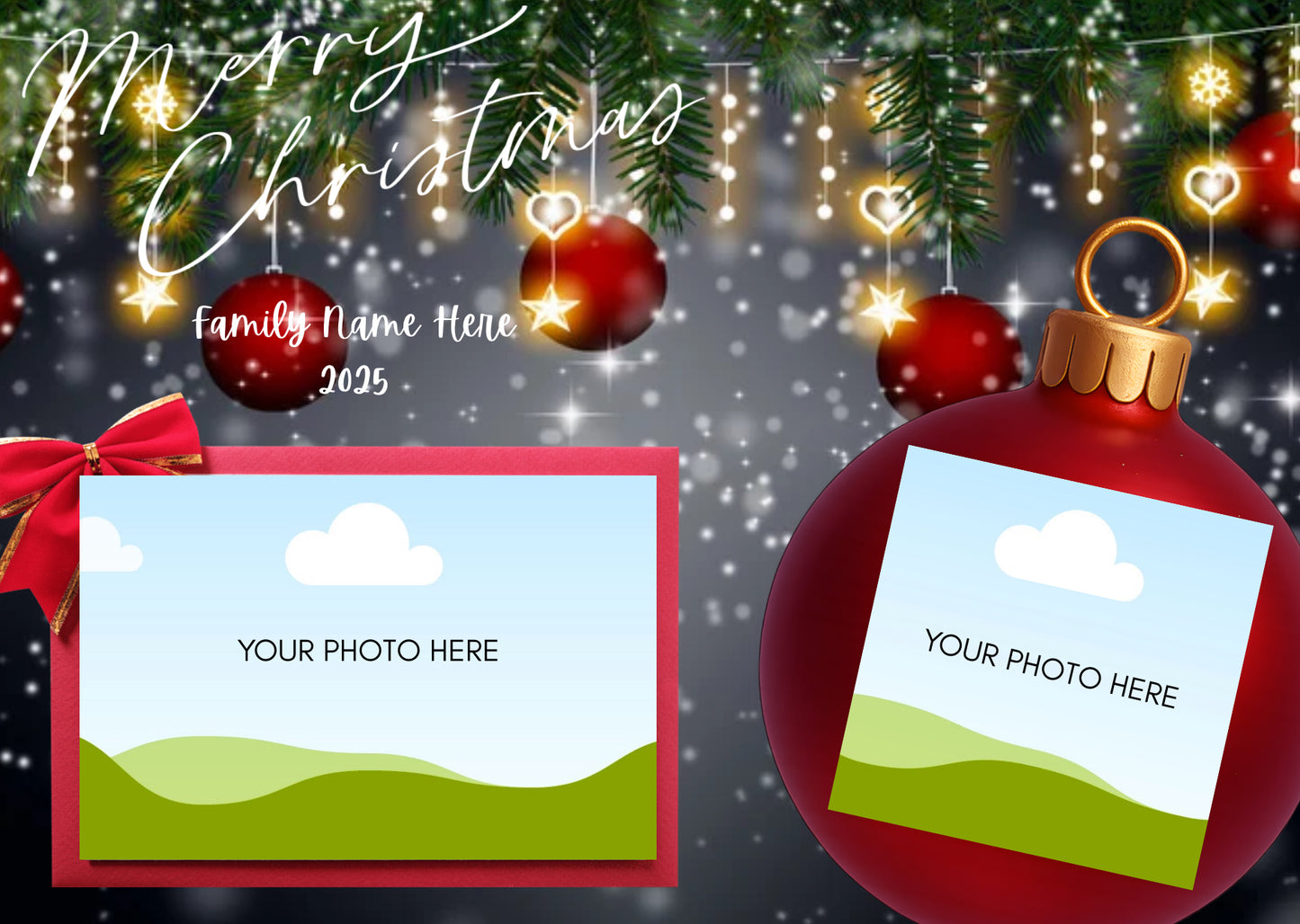 Merry Christmas Envelope & Red Ornament Card w/ 2 Photo Magnets